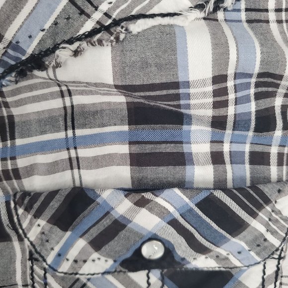 BKE Men's Slim Fit Stretch Blue/Gray Plaid Snap Front Long Sleeve Shirt X-Large - Picture 9 of 12